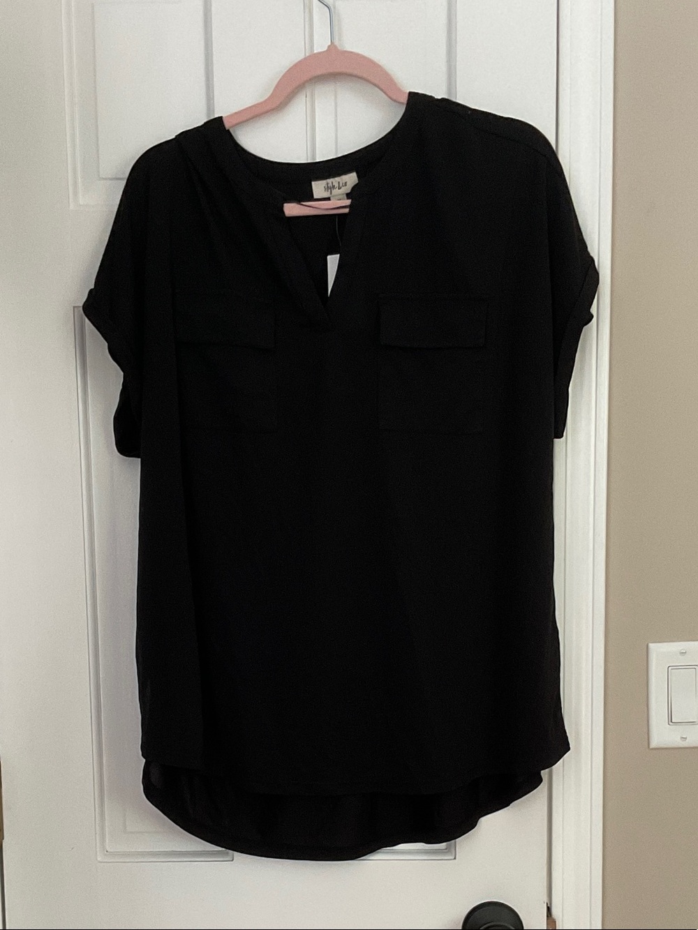 Style & Co. Black Short-Sleeve Split-Neck Blouse with Front Pockets